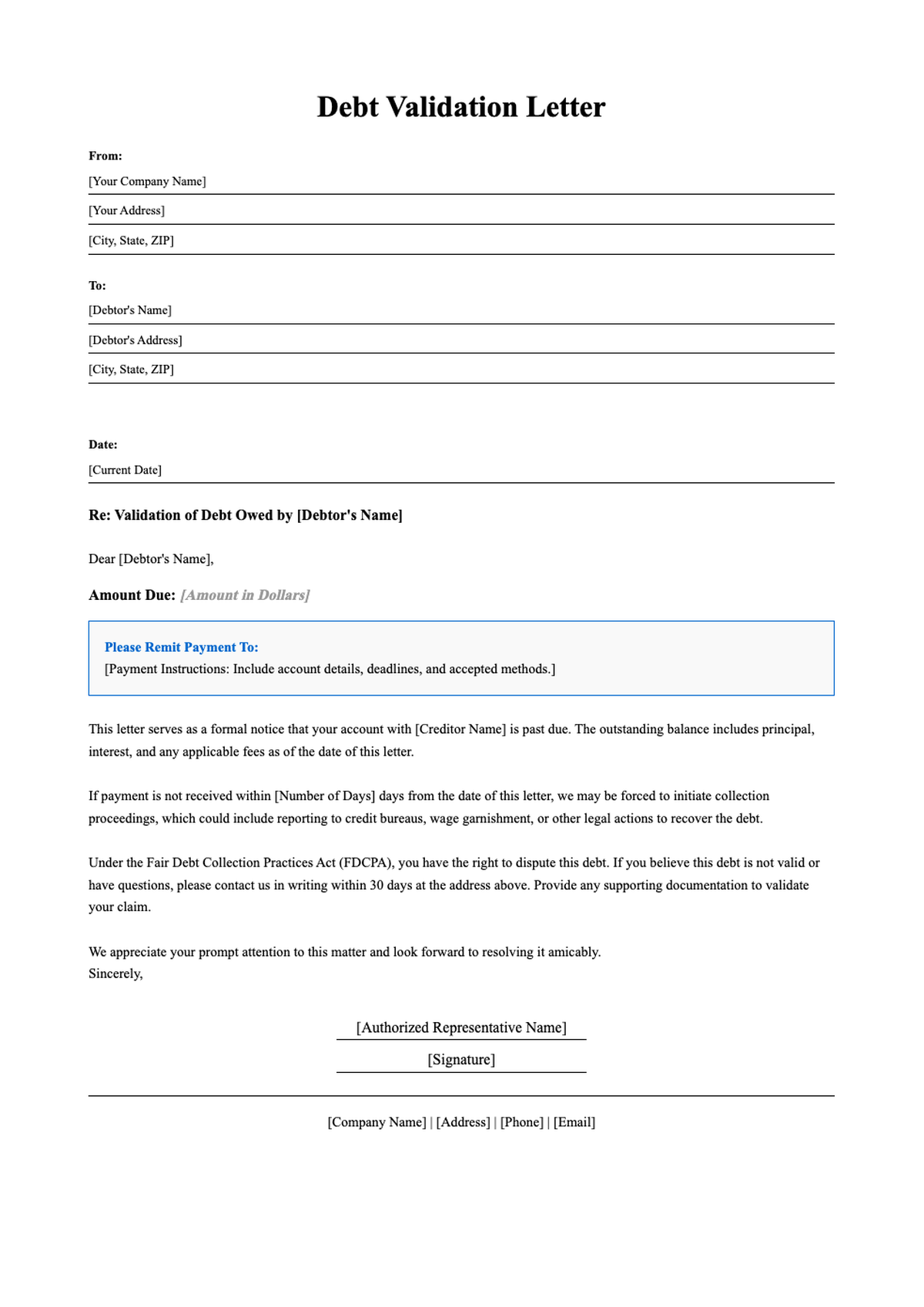 Formal debt collection letter template with fillable fields and legal notice_variant_1